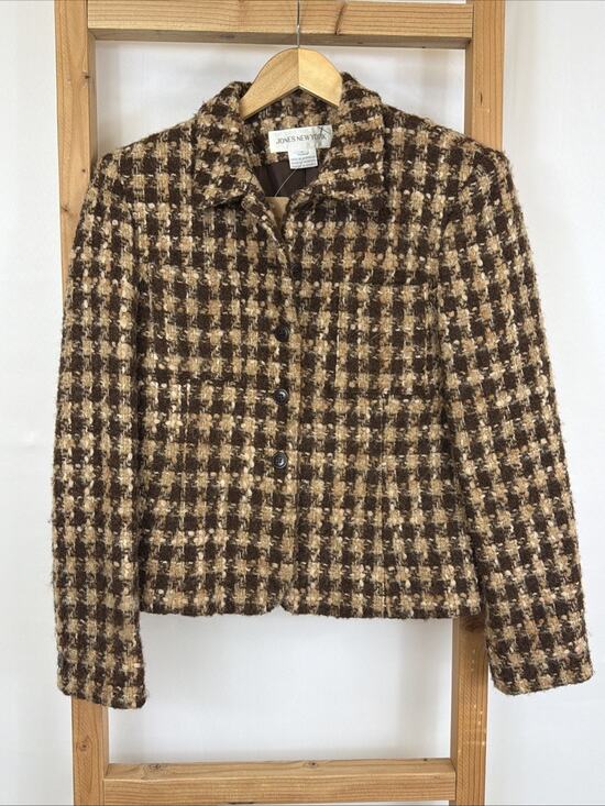 Jones New York Jackets & Blazers - Vtg Y2K Jones New York Brown Long Sleeve Button Up Tweed Blazer #1588 Size SM